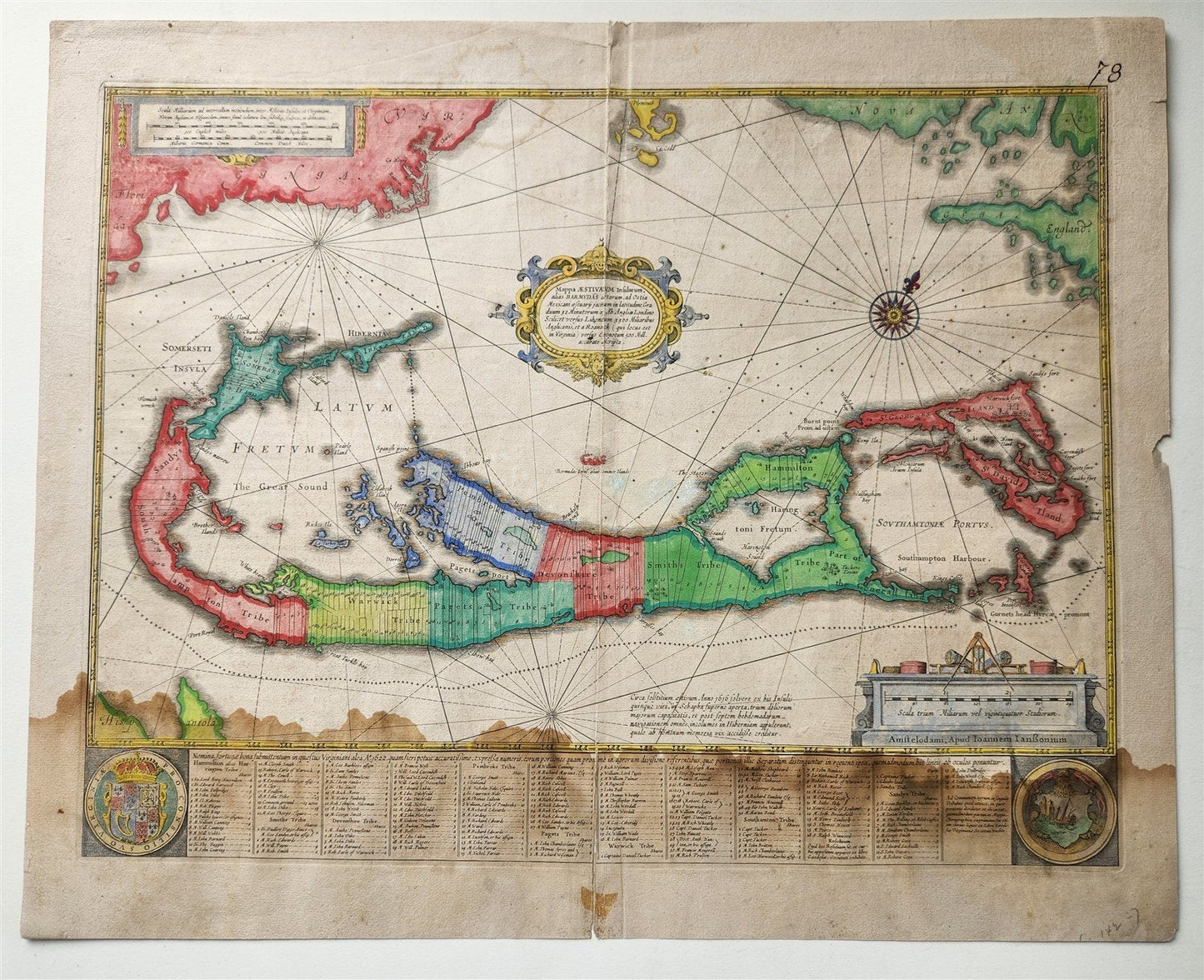 1633 BERMUDA MAP antique 18x22" by Henricus Hondius HAND COLORED