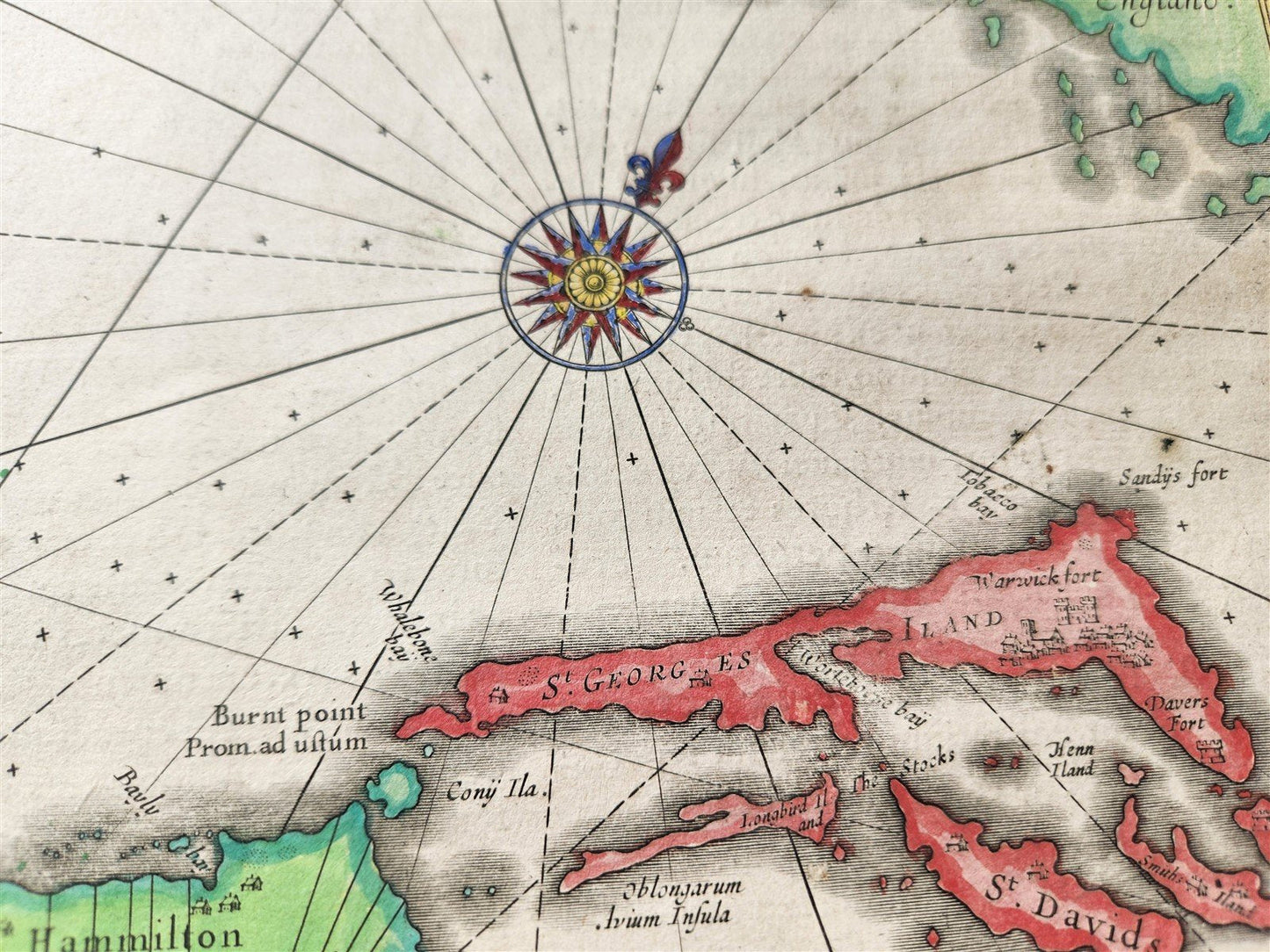 1633 BERMUDA MAP antique 18x22" by Henricus Hondius HAND COLORED