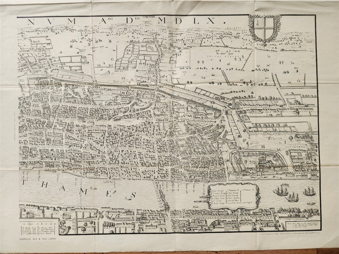 1860s MAP of LONDON in the REIGN of QUEEN ELIZABETH Old & New antique 30 by 40"