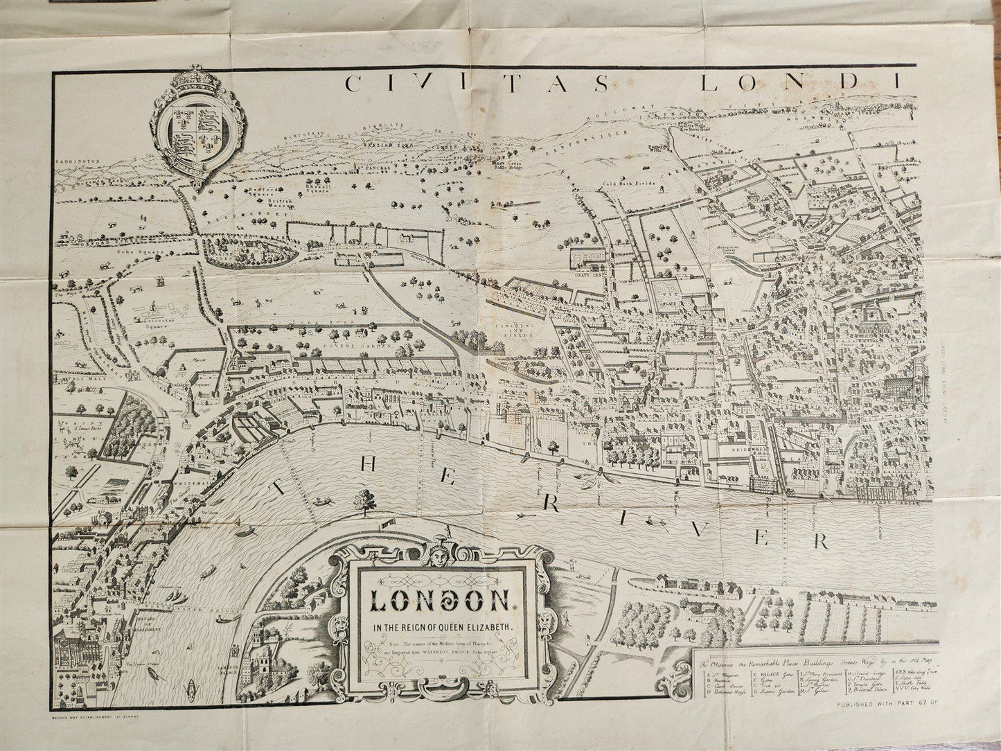 1860s MAP of LONDON in the REIGN of QUEEN ELIZABETH Old & New antique 30 by 40"