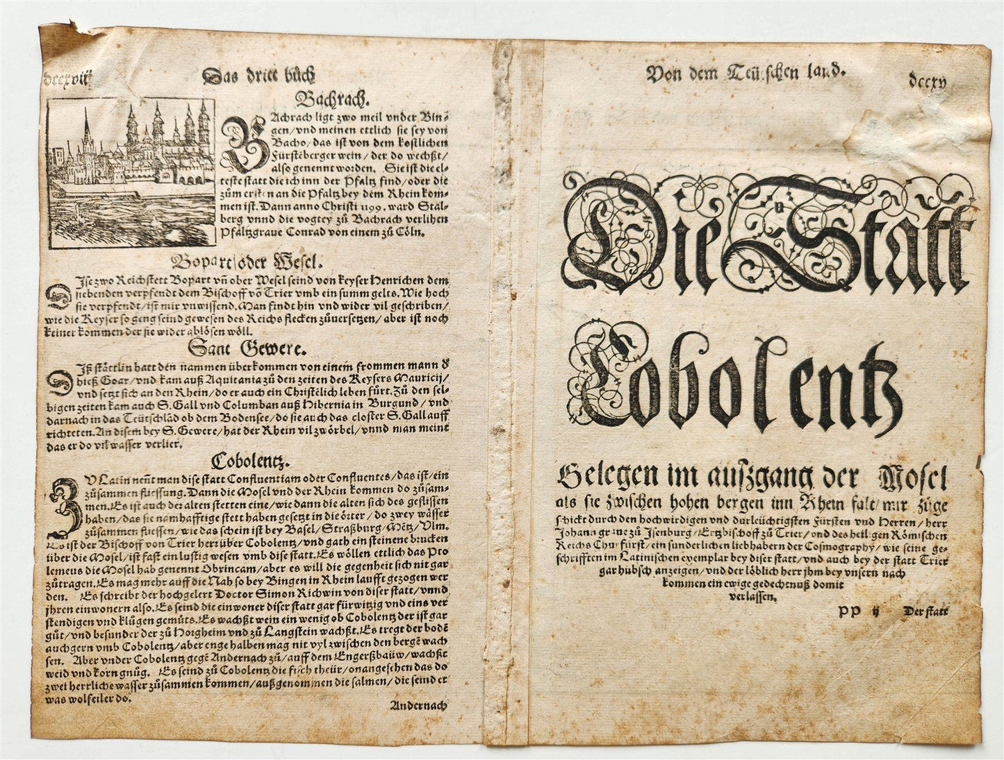 1572 MAP of KOBLENZ GERMANY from SEBASTIAN MUNSTER'S COSMOGRAPHY antique