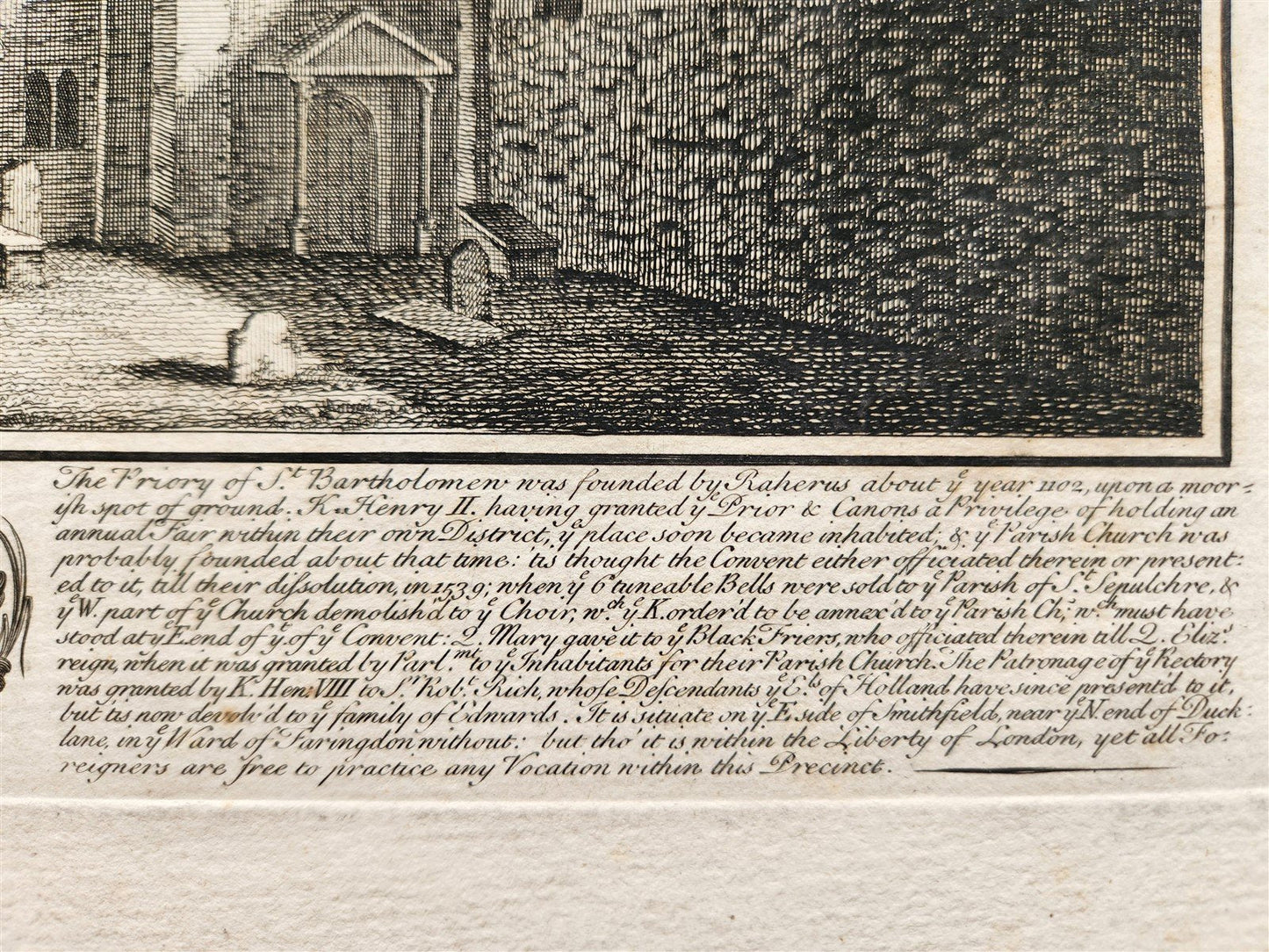 1730s ENGRAVING antique West Prospect of the Church of St Bartholomew the Great