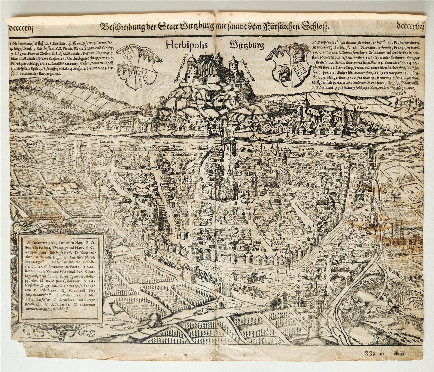1572 WURZBURG GERMANY HERBIPOLIS MAP from SEBASTIEN MUNSTER COSMOGRAPHY antique