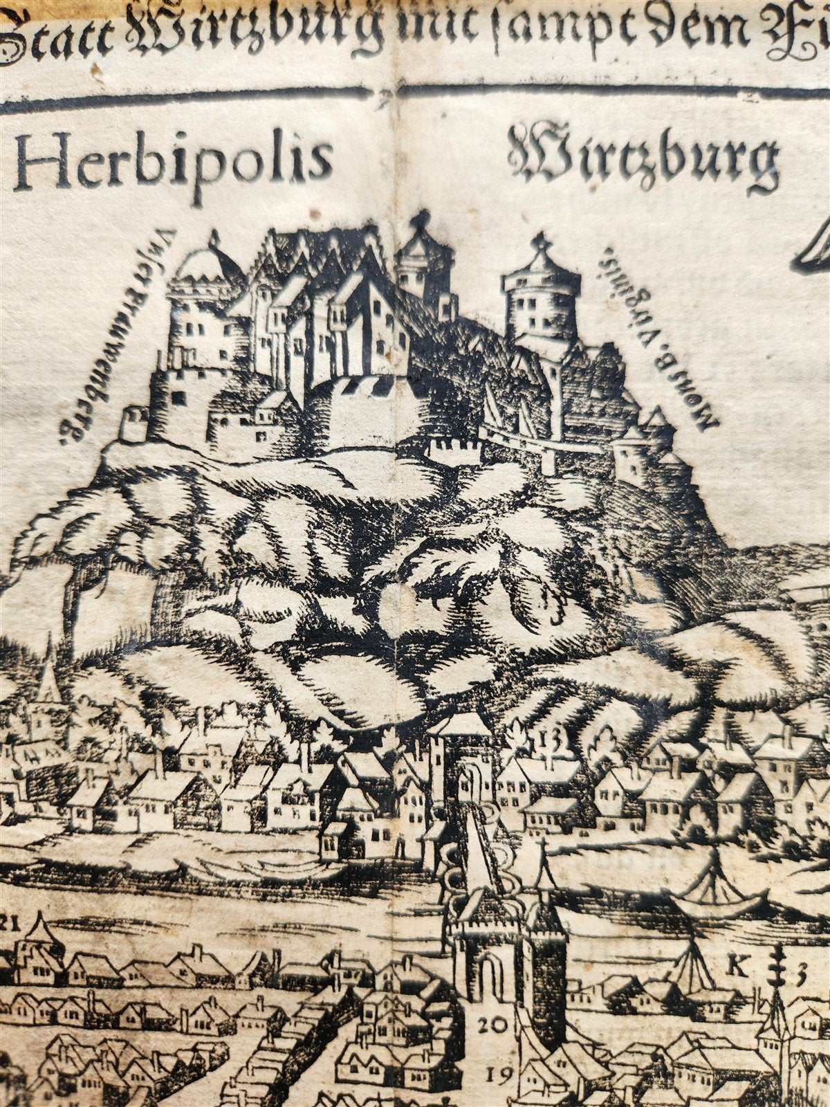 1572 WURZBURG GERMANY HERBIPOLIS MAP from SEBASTIEN MUNSTER COSMOGRAPHY antique