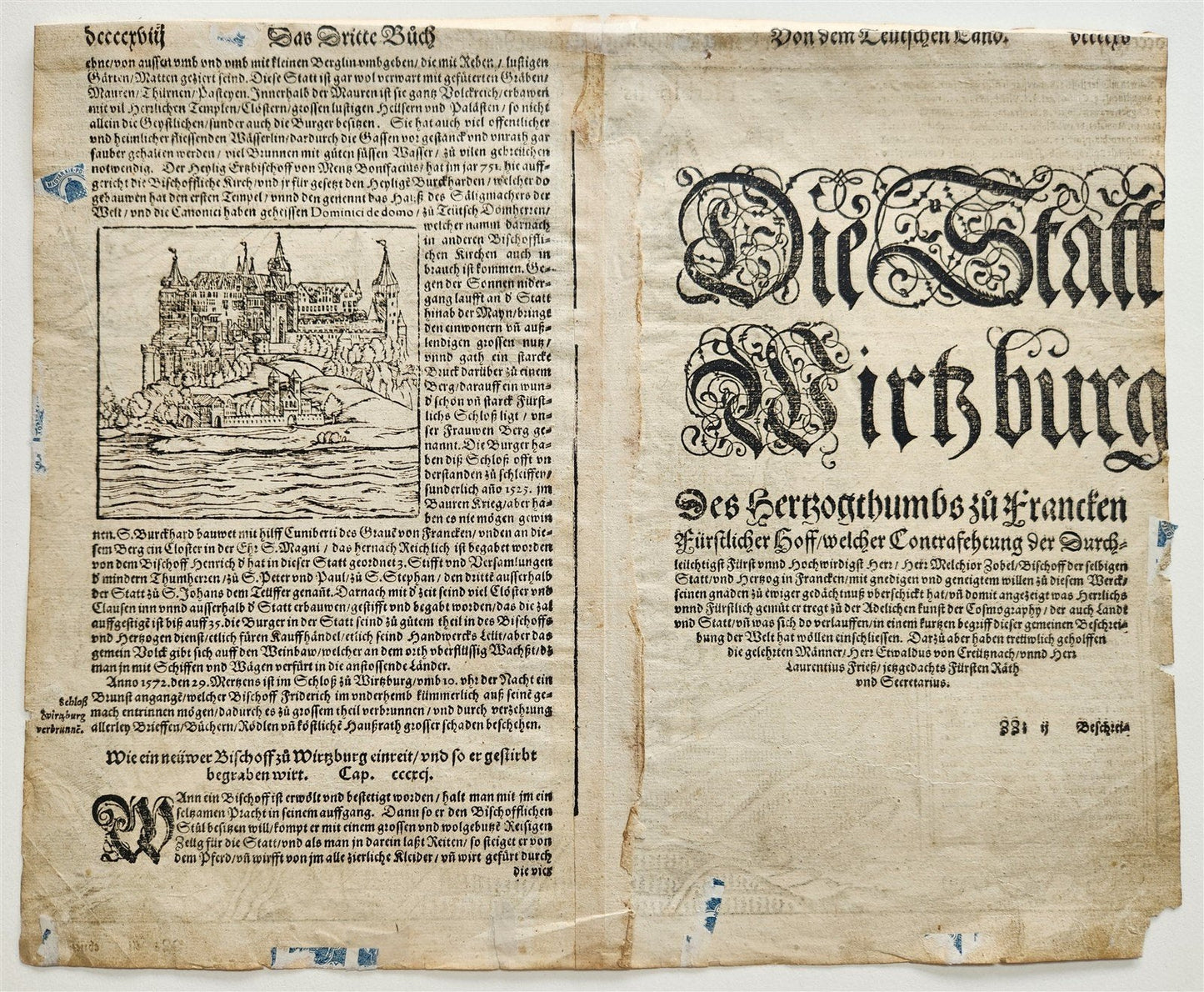 1572 WURZBURG GERMANY HERBIPOLIS MAP from SEBASTIEN MUNSTER COSMOGRAPHY antique
