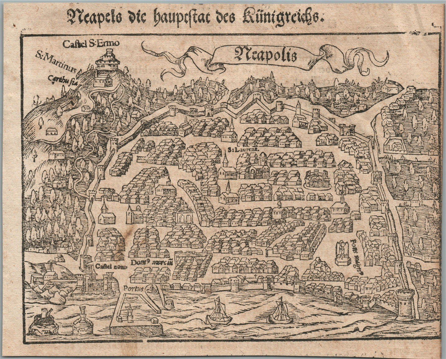 1572 NAPLES ITALY MAP from SEBASTIAN MUNSTER COSMOGRAPHIA antique NEAPOLIS