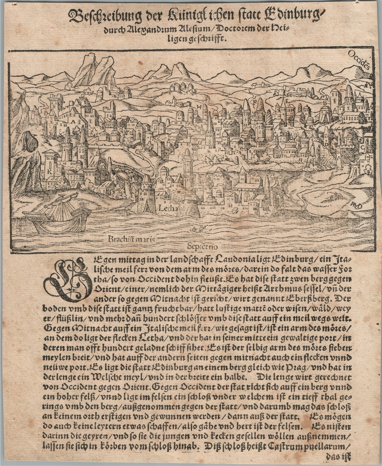 1572 MAP of EDINBURGH SCOTLAND from SEBASTIAN MUNSTER COSMOGRAPHIA antique