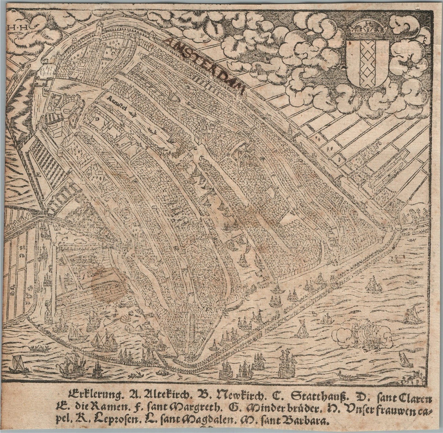 1572 MAP of AMSTERDAM NETHERLANDS from SEBASTIAN MUNSTER COSMOGRAPHIA antique