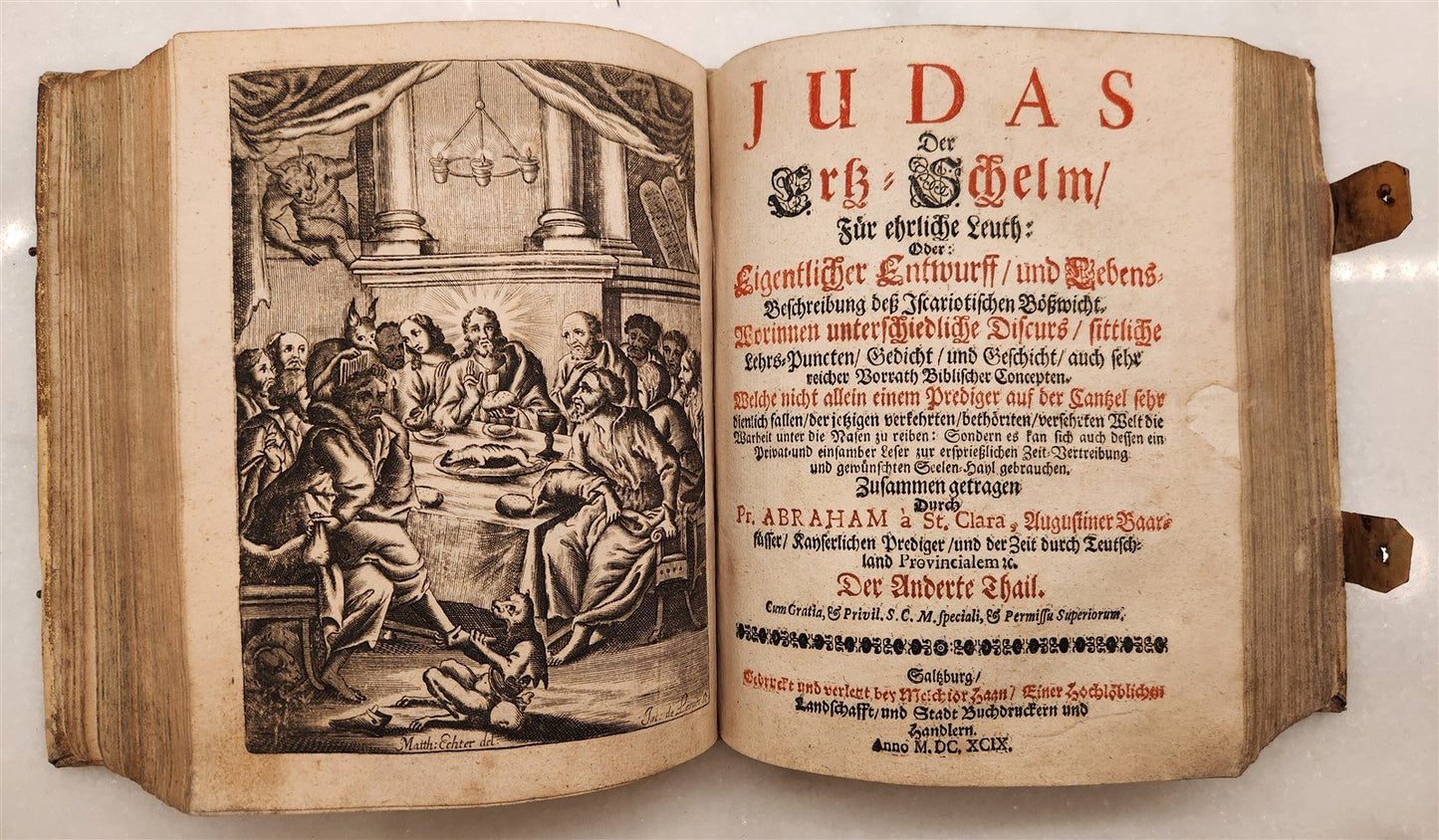 1699-1702 JUDAS by Abraham a Sancta Clara antique PIGSKIN BINDING