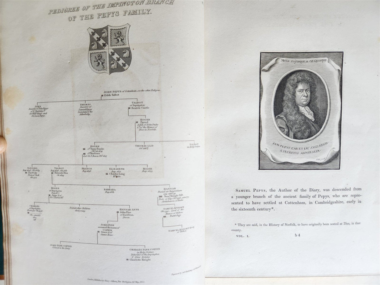 1825 PEPYS'S MEMORIES 2 VOLUMES antique ILLUSTRATED in ENGLISH 1st EDITION folio