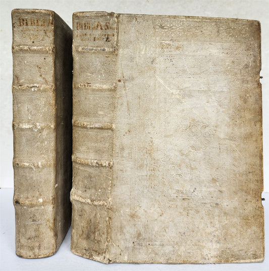 1737 BIBLE in LATIN & GERMAN 2 VOLUMES PIGSKIN BOUND FOLIO antique
