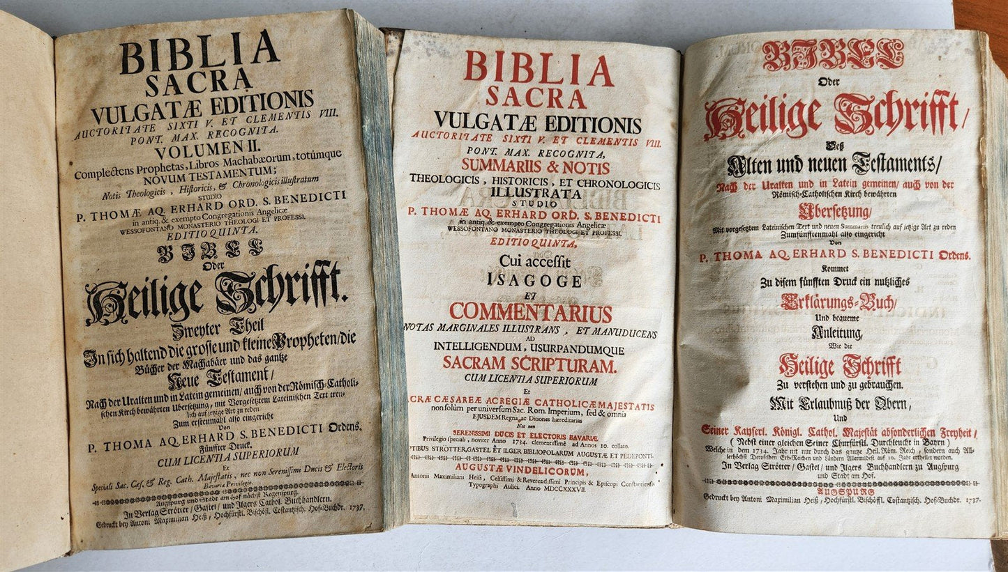 1737 BIBLE in LATIN & GERMAN 2 VOLUMES PIGSKIN BOUND FOLIO antique