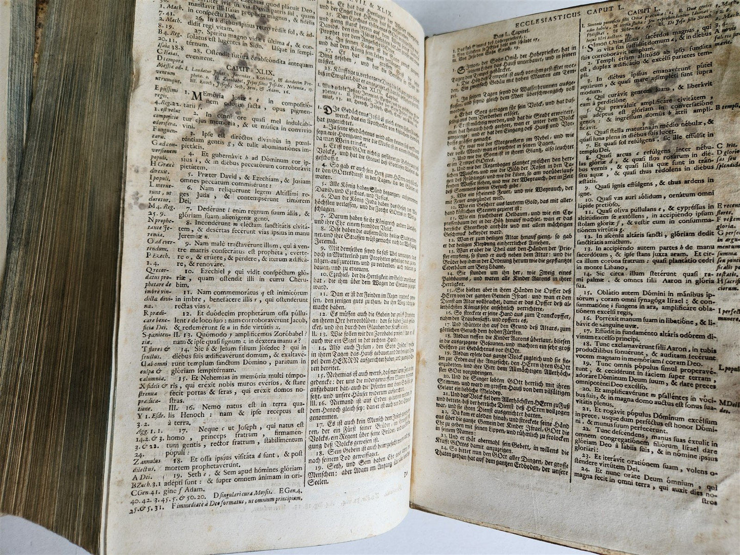 1737 BIBLE in LATIN & GERMAN 2 VOLUMES PIGSKIN BOUND FOLIO antique