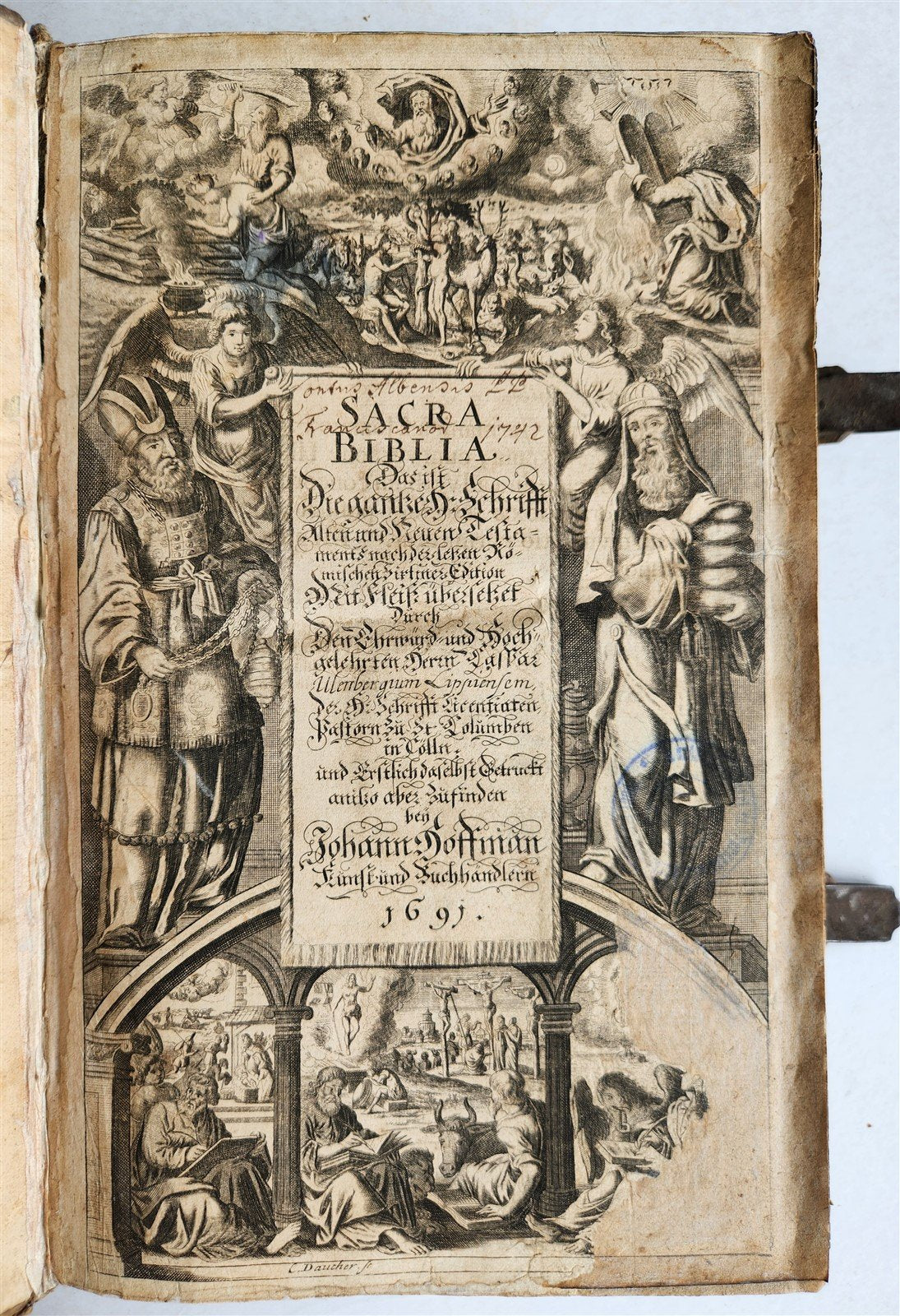 1691 BIBLE in GERMAN illustrated PIGSKIN BOUND FOLIO antique 17th CENTURY