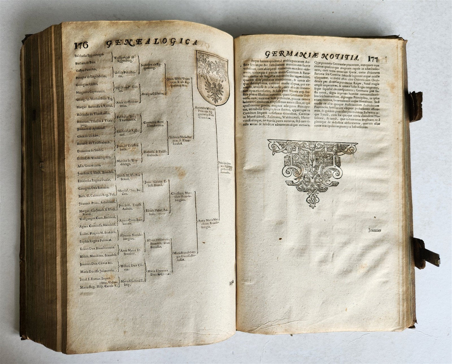 1655 GERMAN GENEALOGY illustrated PIGSKIN BOUND FOLIO antique 17th CENTURY LATIN
