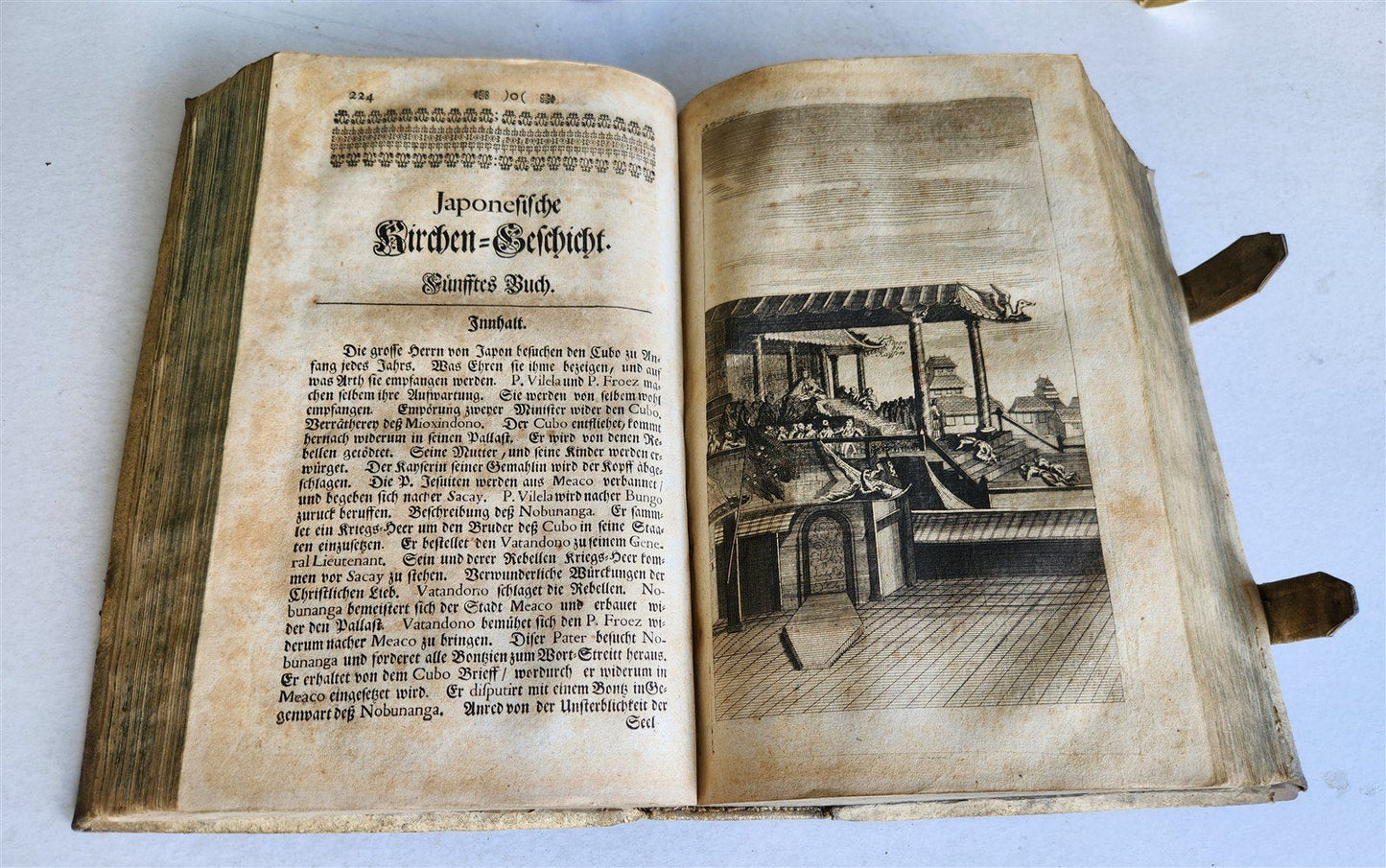 1738 JAPANESE HISTORY antique ILLUSTRATED PIGSKIN FOLIO Jesuit mission in Japan