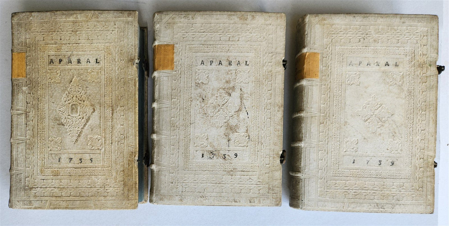 1735-39 CANON LAW 3 VOLUMES antique PIGSKIN BOUND FOLIOS w/ CLASPS