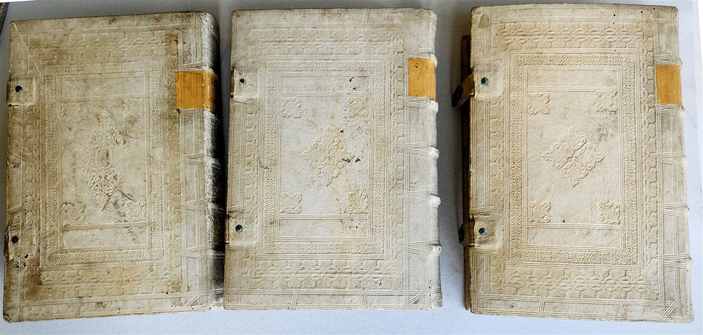 1735-39 CANON LAW 3 VOLUMES antique PIGSKIN BOUND FOLIOS w/ CLASPS
