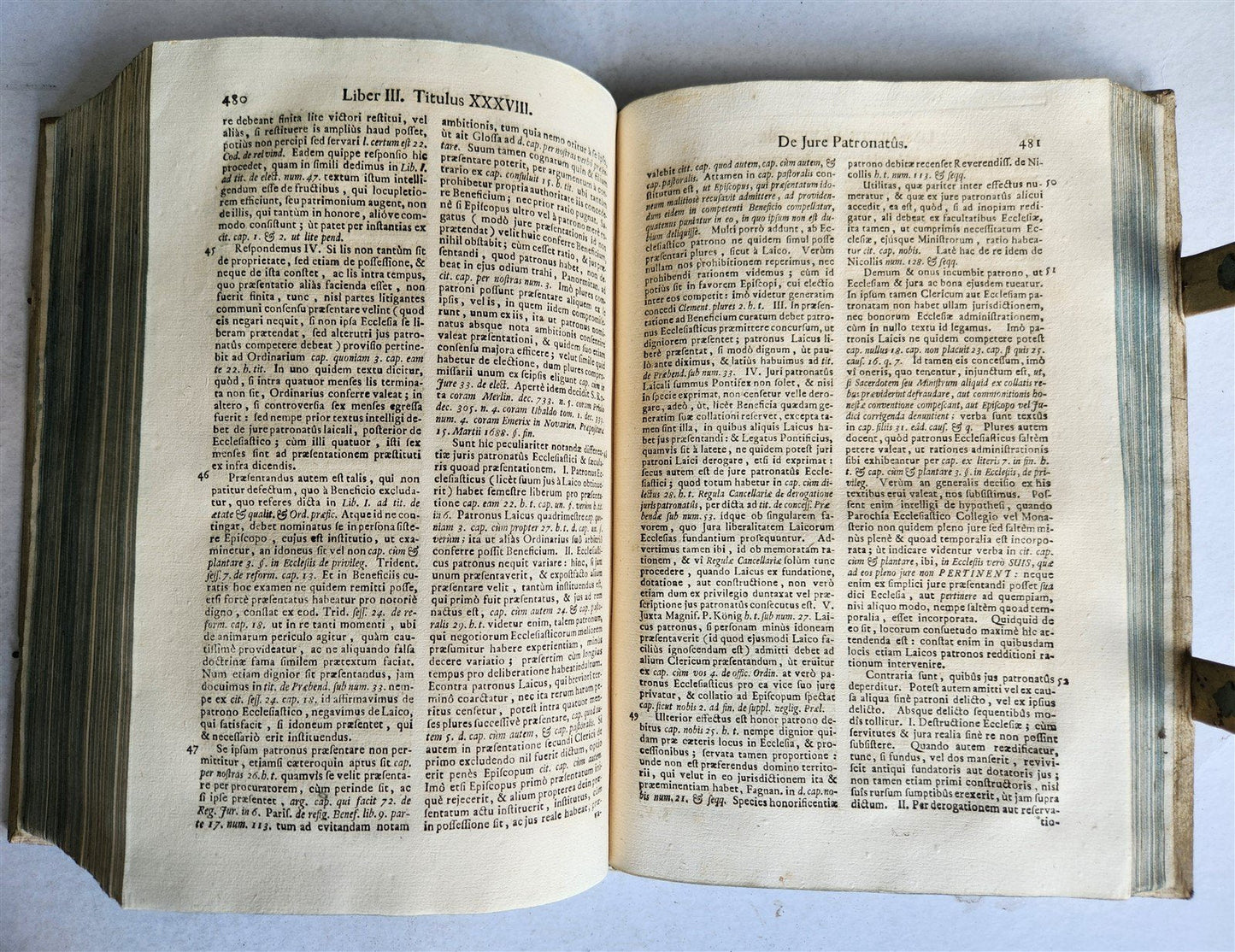 1735-39 CANON LAW 3 VOLUMES antique PIGSKIN BOUND FOLIOS w/ CLASPS