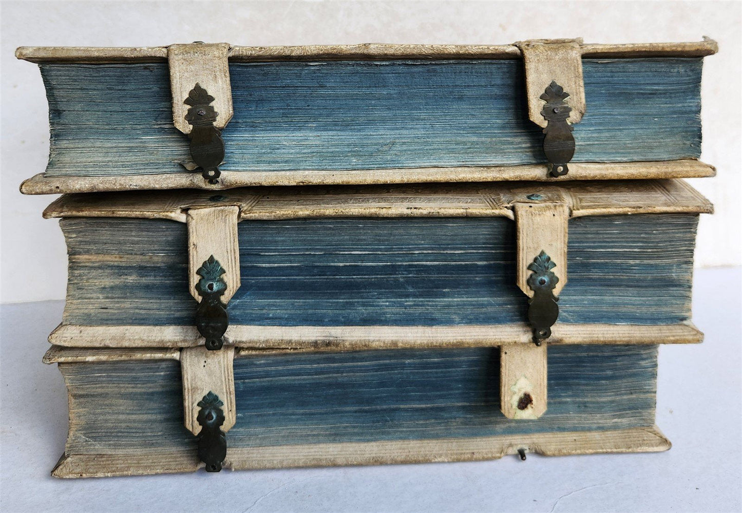 1735-39 CANON LAW 3 VOLUMES antique PIGSKIN BOUND FOLIOS w/ CLASPS