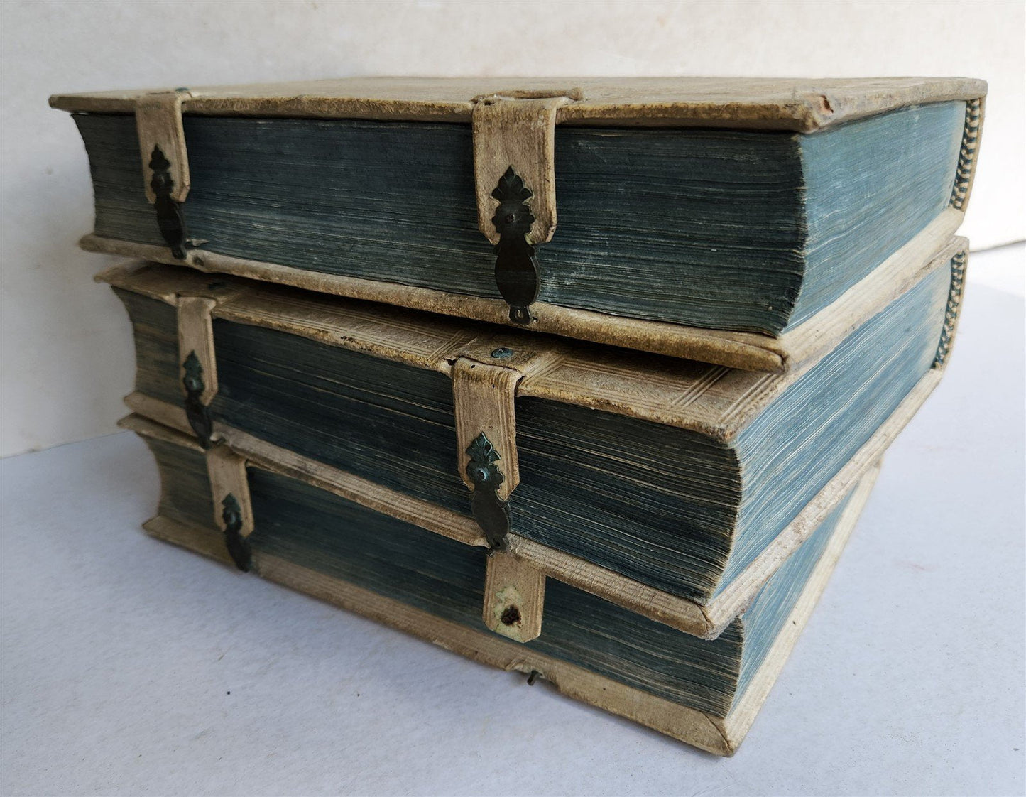 1735-39 CANON LAW 3 VOLUMES antique PIGSKIN BOUND FOLIOS w/ CLASPS