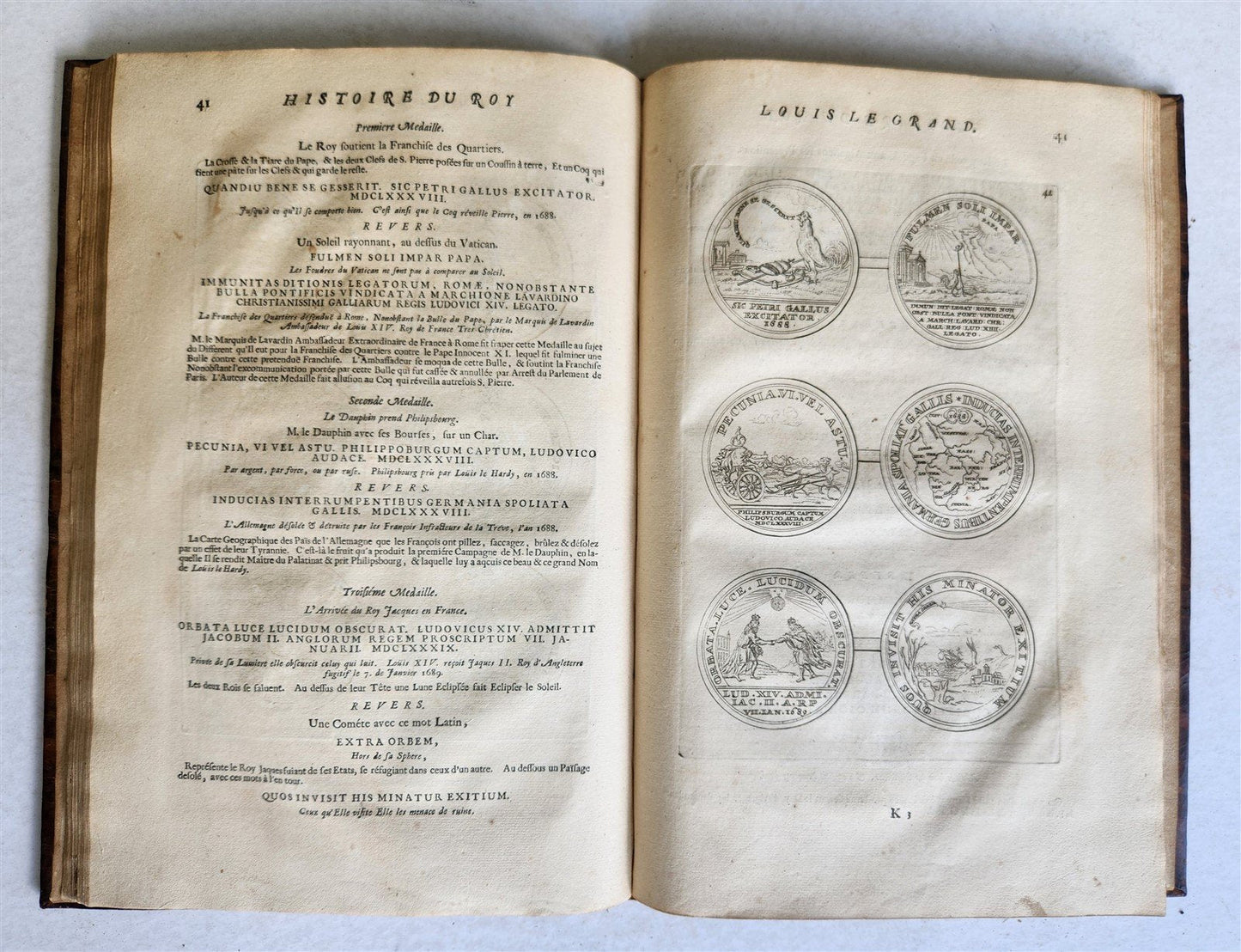 1691 HISTOIRE DU ROY LOUIS LE GRAND ILLUSTRATED antique ARMORIAL BINDING