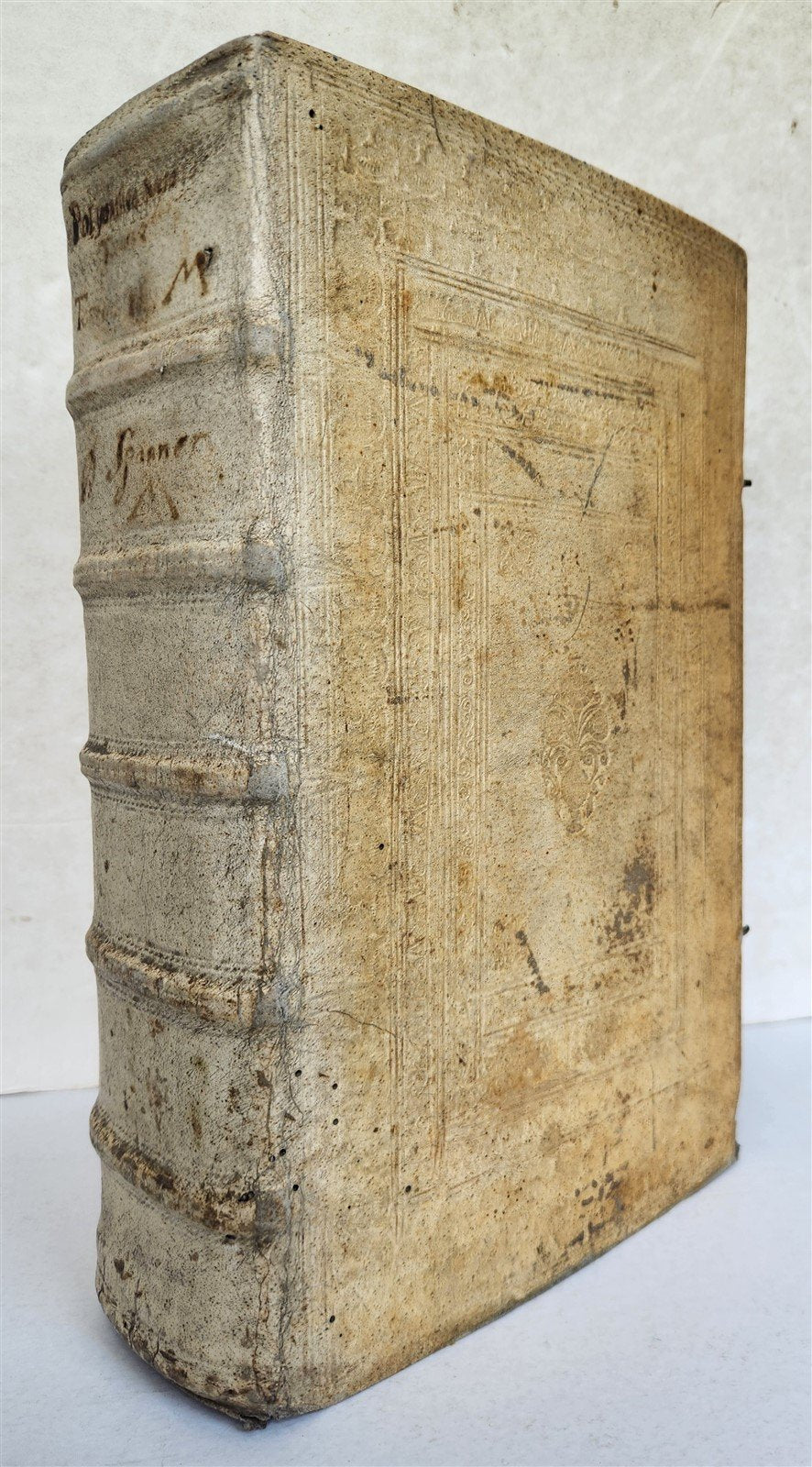 1702 POLYANTHEA SACRA antique BLIND-STAMPED PIGSKIN BOUND FOLIO w/CLASPS
