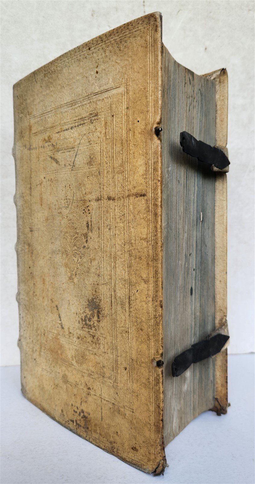 1702 POLYANTHEA SACRA antique BLIND-STAMPED PIGSKIN BOUND FOLIO w/CLASPS