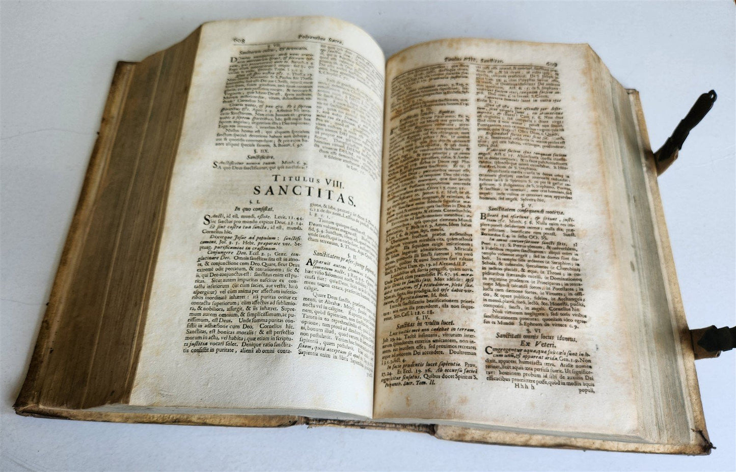 1702 POLYANTHEA SACRA antique BLIND-STAMPED PIGSKIN BOUND FOLIO w/CLASPS