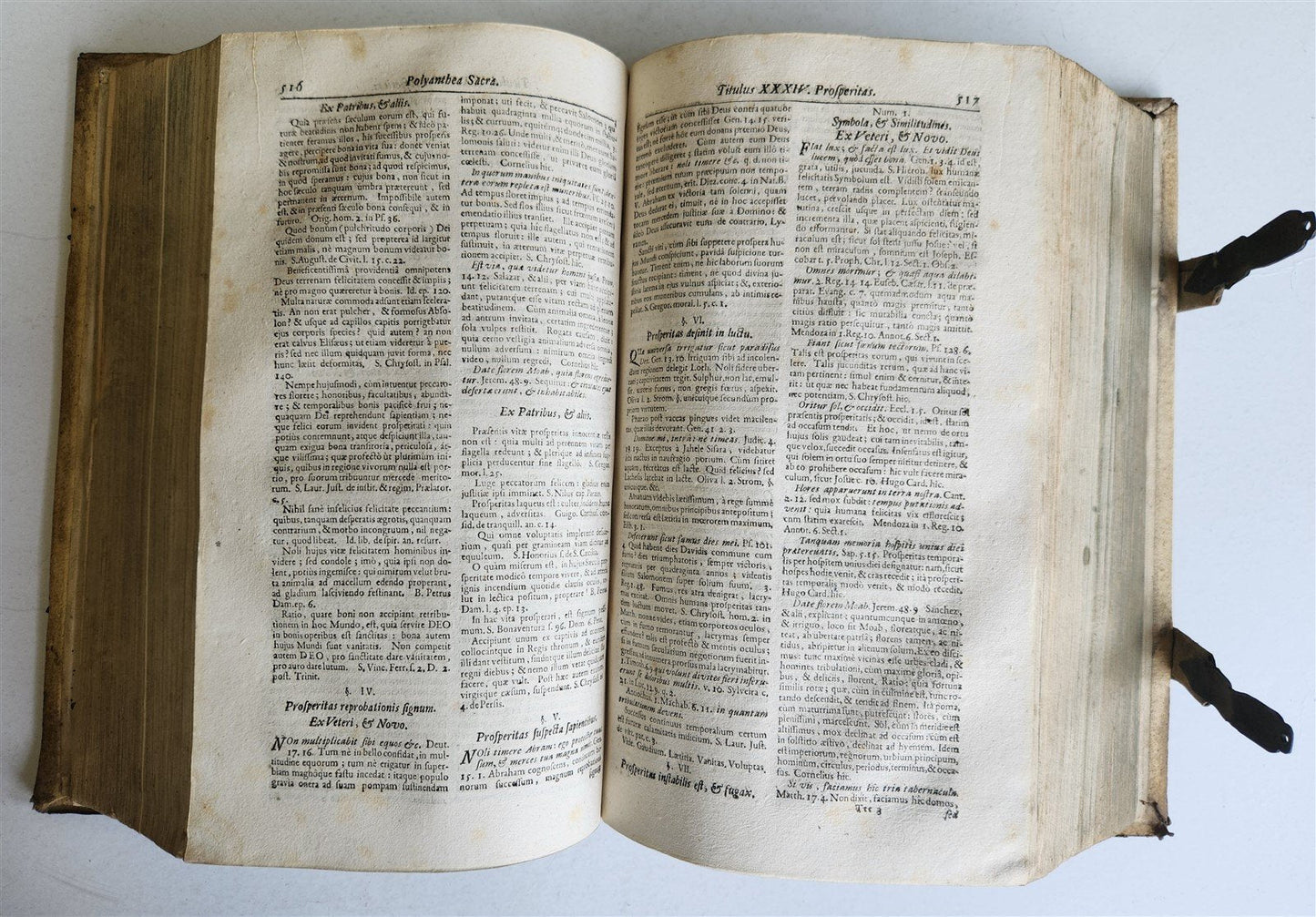 1702 POLYANTHEA SACRA antique BLIND-STAMPED PIGSKIN BOUND FOLIO w/CLASPS