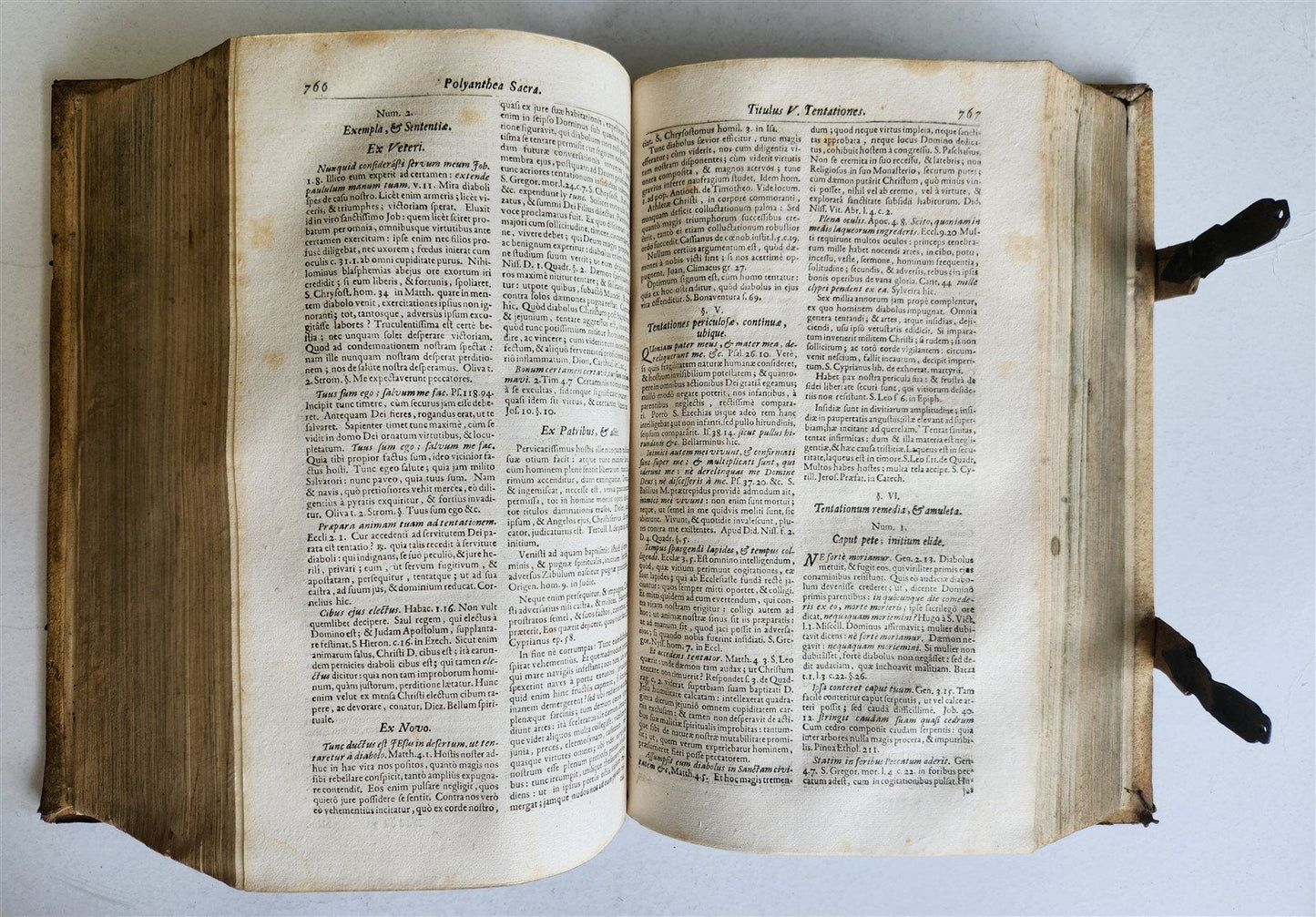 1702 POLYANTHEA SACRA antique BLIND-STAMPED PIGSKIN BOUND FOLIO w/CLASPS