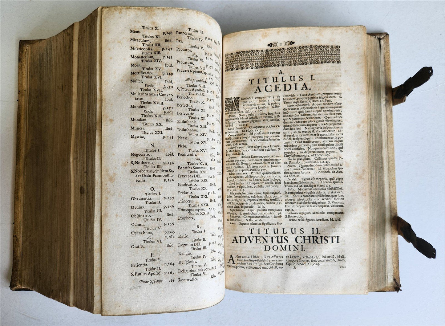 1702 POLYANTHEA SACRA antique BLIND-STAMPED PIGSKIN BOUND FOLIO w/CLASPS