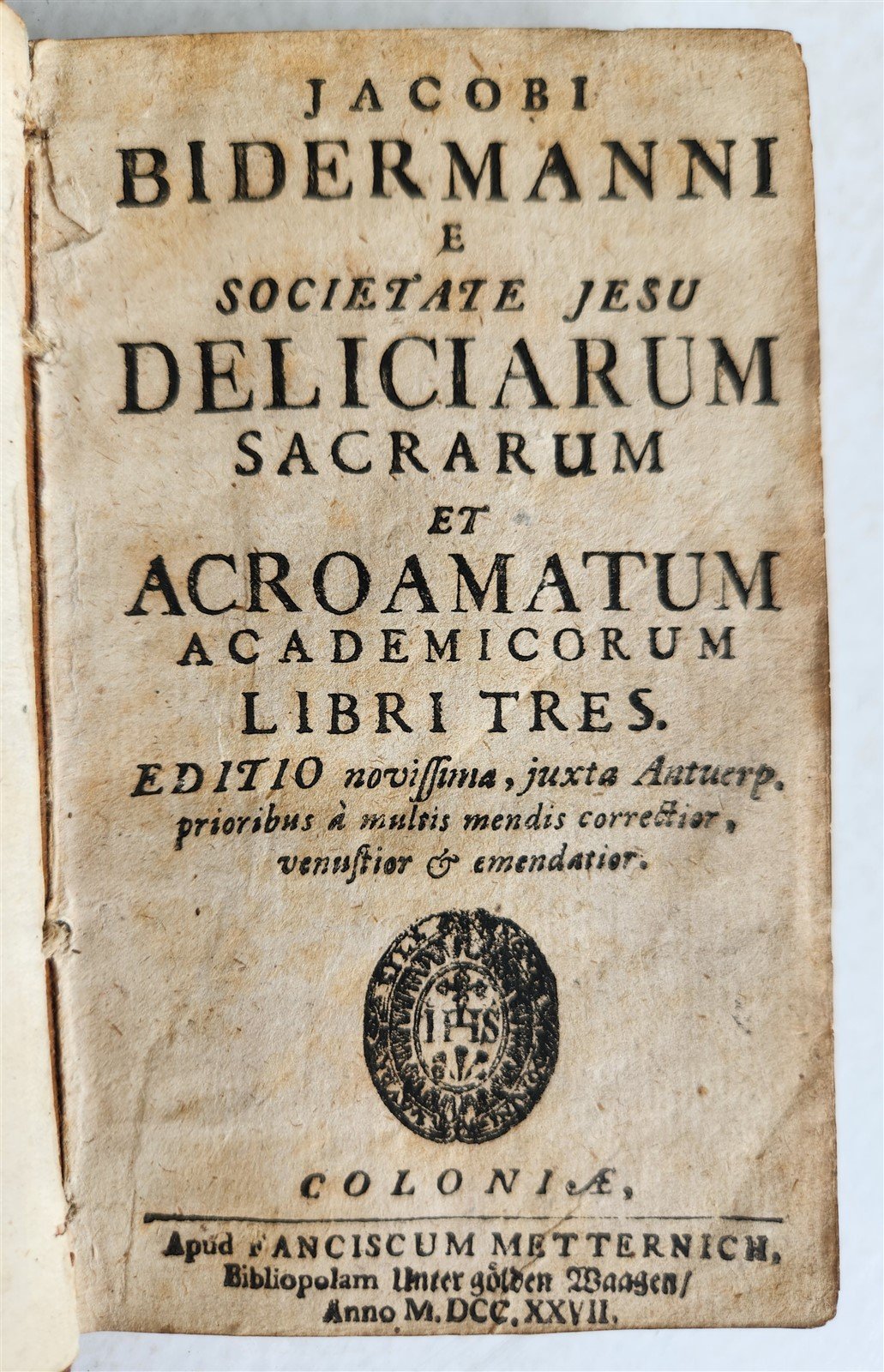 1727 MAGNIFICENT BINDING COAT of ARMS antique Deliciarum sacrarum et acroamatum