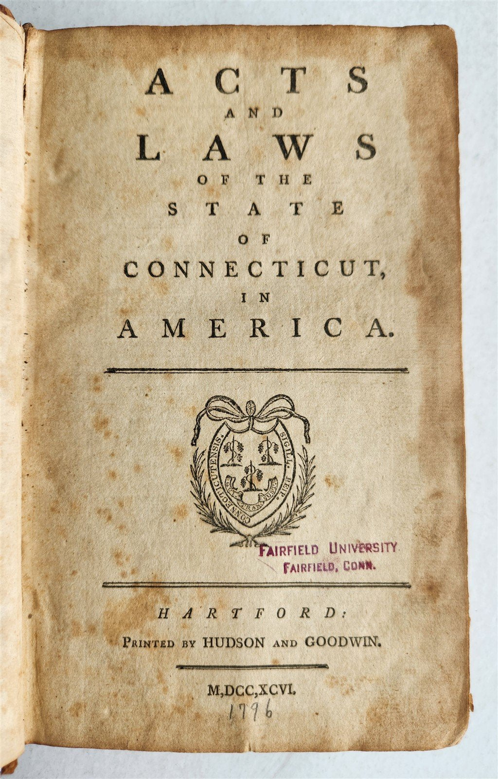 1796 ACTS & LAWS of STATE OF CONNECTICUT in AMERICA antique AMERICANA 18th CENT.