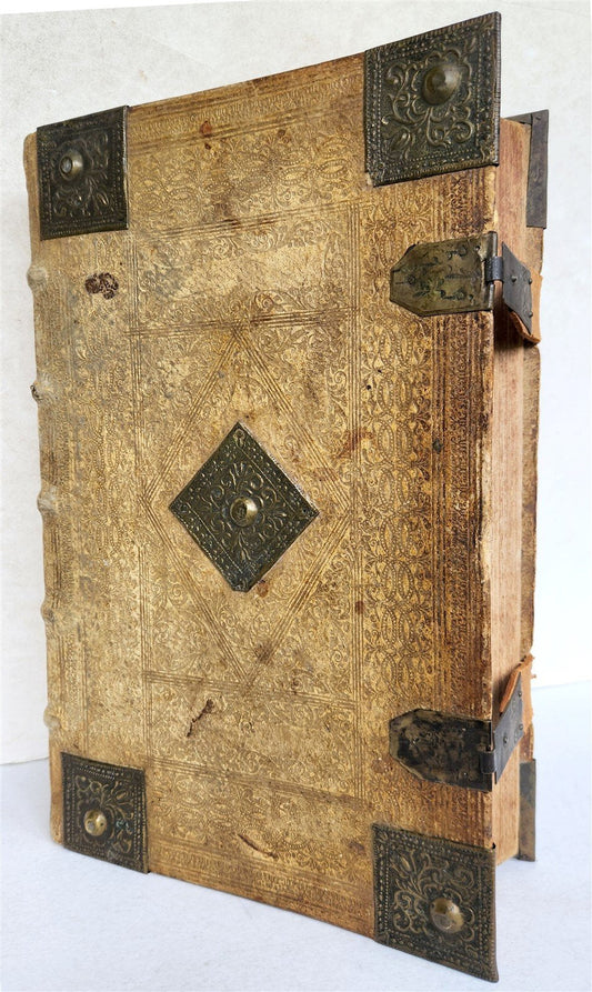 1736 SWISS LUTHER BIBLE antique PIGSKIN BOUND FOLIO w/ BRASS FITTINGS & CLASPS