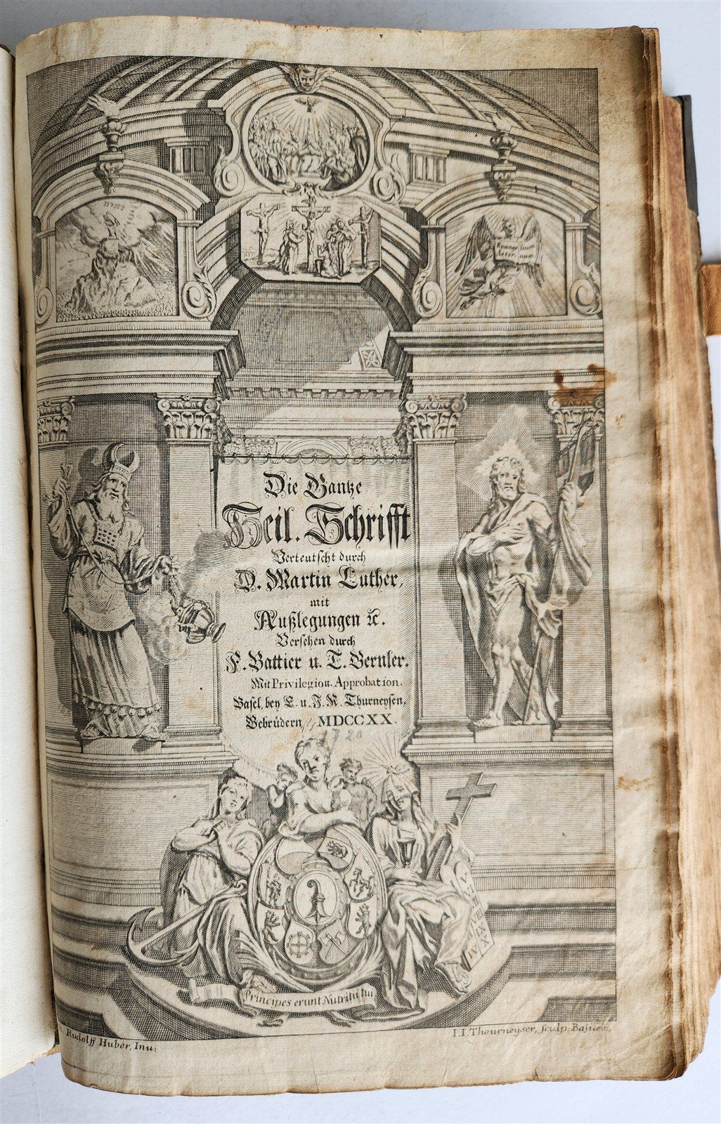 1736 SWISS LUTHER BIBLE antique PIGSKIN BOUND FOLIO w/ BRASS FITTINGS & CLASPS