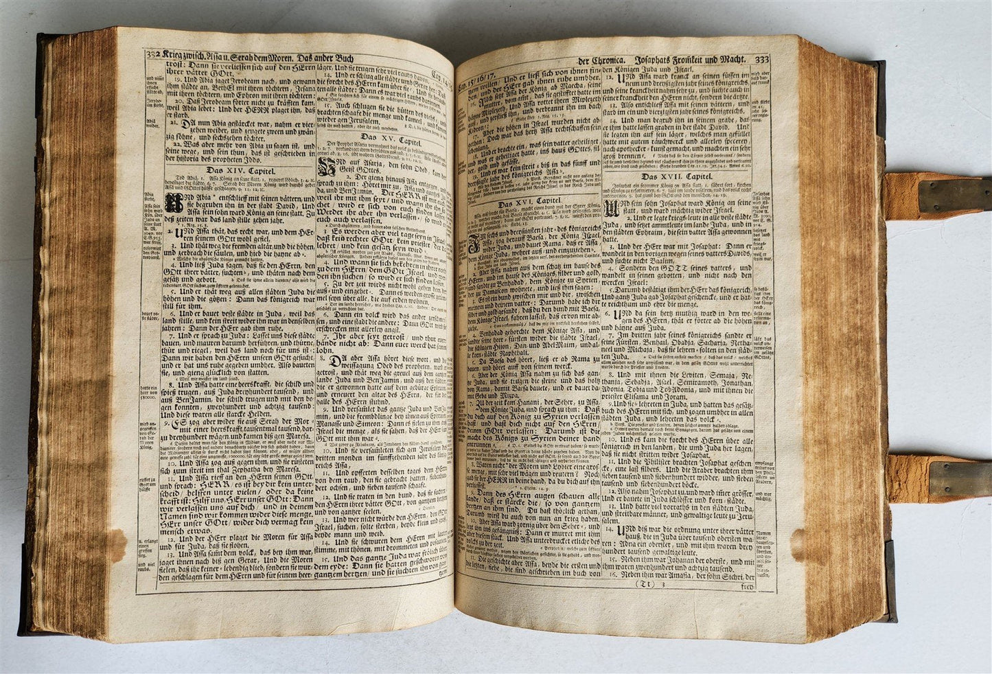 1736 SWISS LUTHER BIBLE antique PIGSKIN BOUND FOLIO w/ BRASS FITTINGS & CLASPS