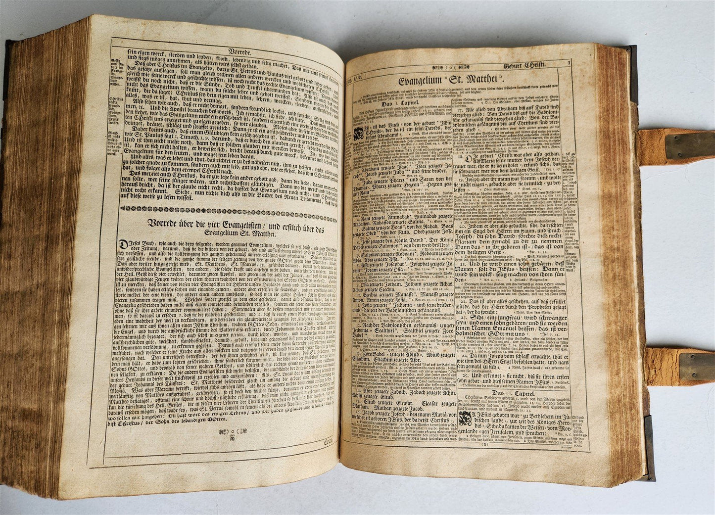 1736 SWISS LUTHER BIBLE antique PIGSKIN BOUND FOLIO w/ BRASS FITTINGS & CLASPS