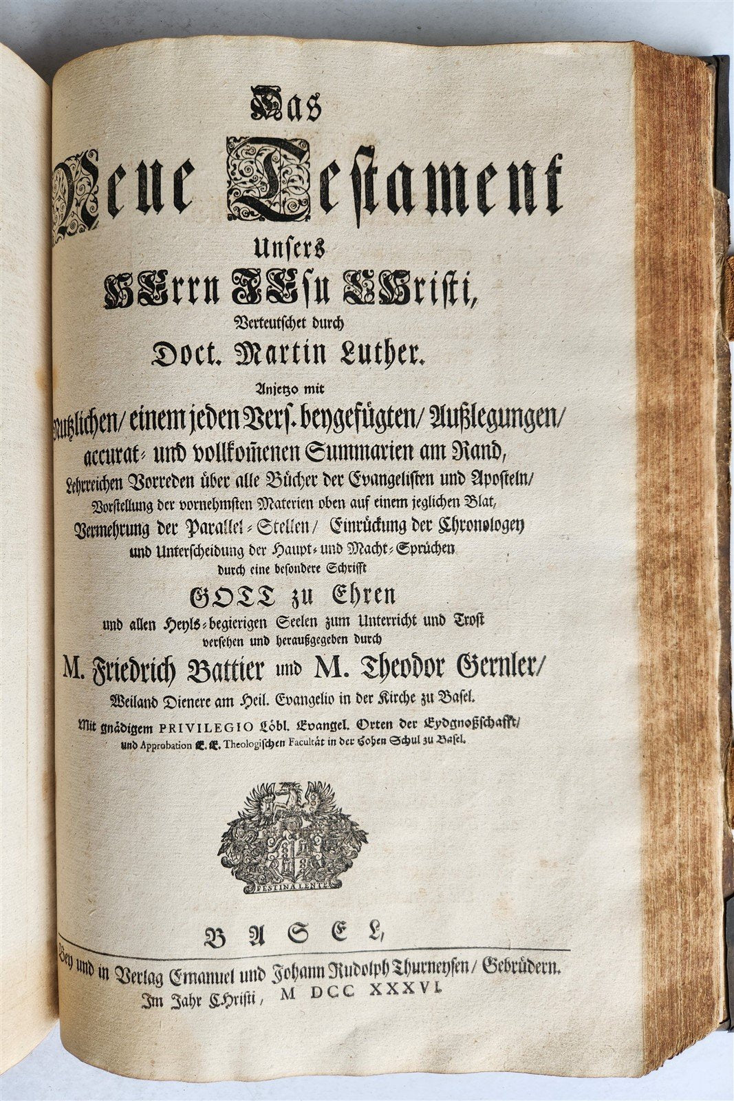 1736 SWISS LUTHER BIBLE antique PIGSKIN BOUND FOLIO w/ BRASS FITTINGS & CLASPS