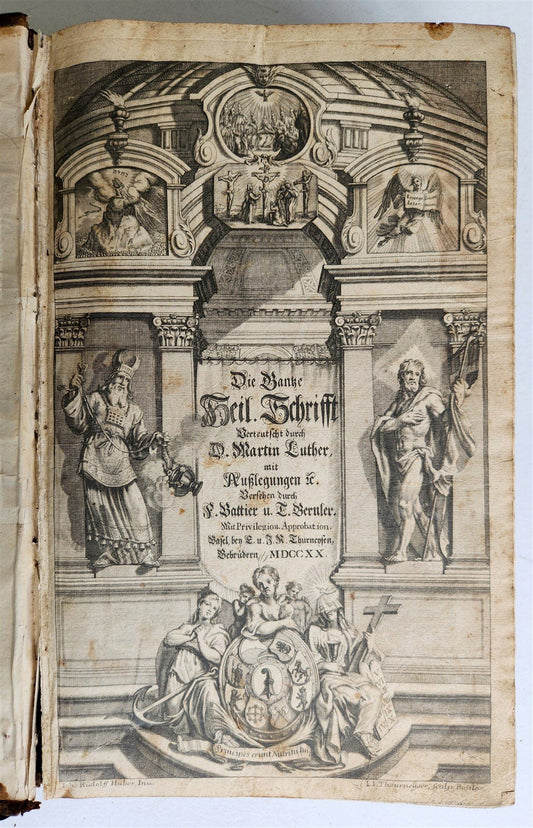 1720 BIBLE in GERMAN SWISS ILLUSTRATED antique FOLIO w/ BRASS FITTINGS