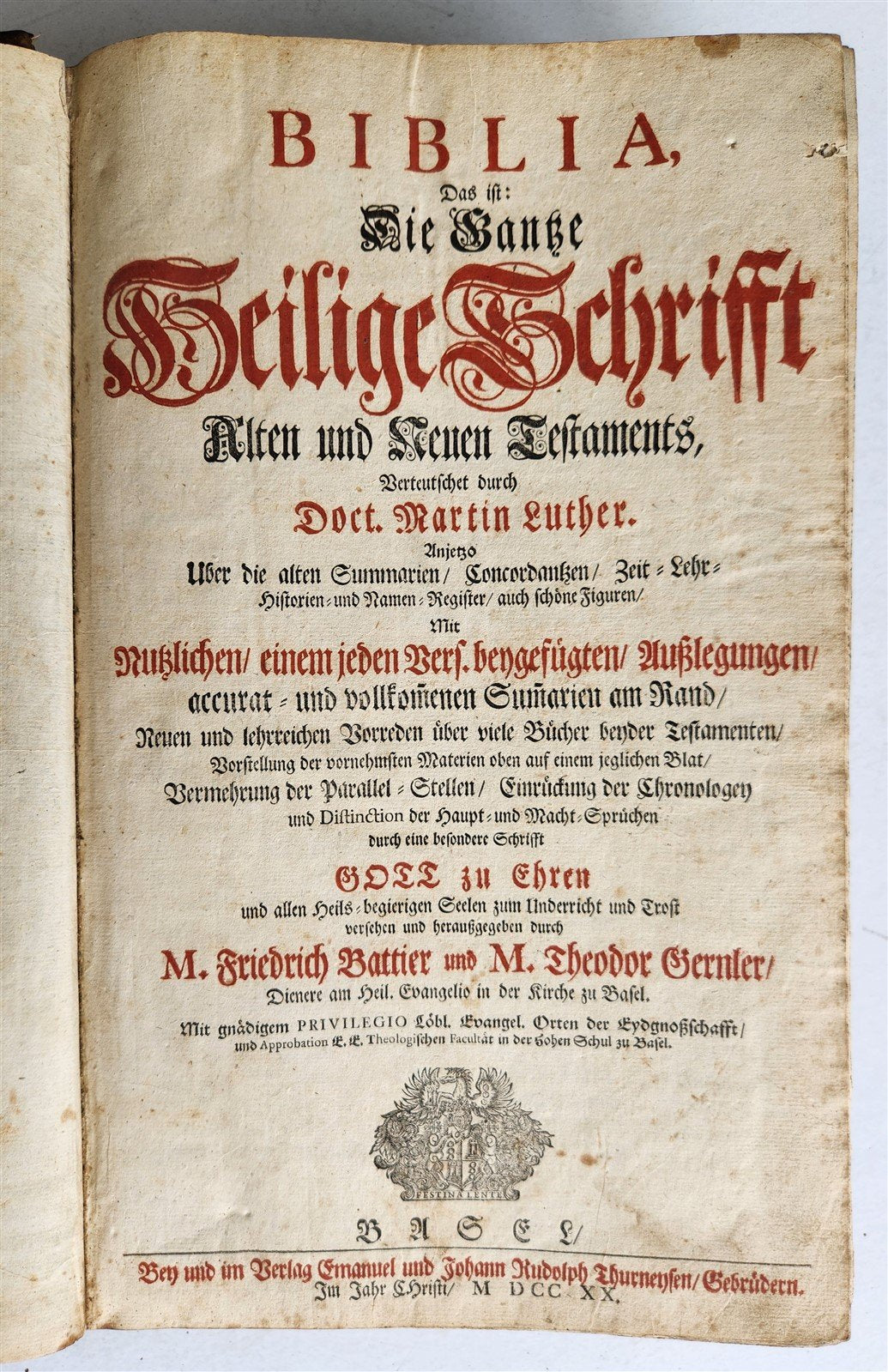 1720 BIBLE in GERMAN SWISS ILLUSTRATED antique FOLIO w/ BRASS FITTINGS