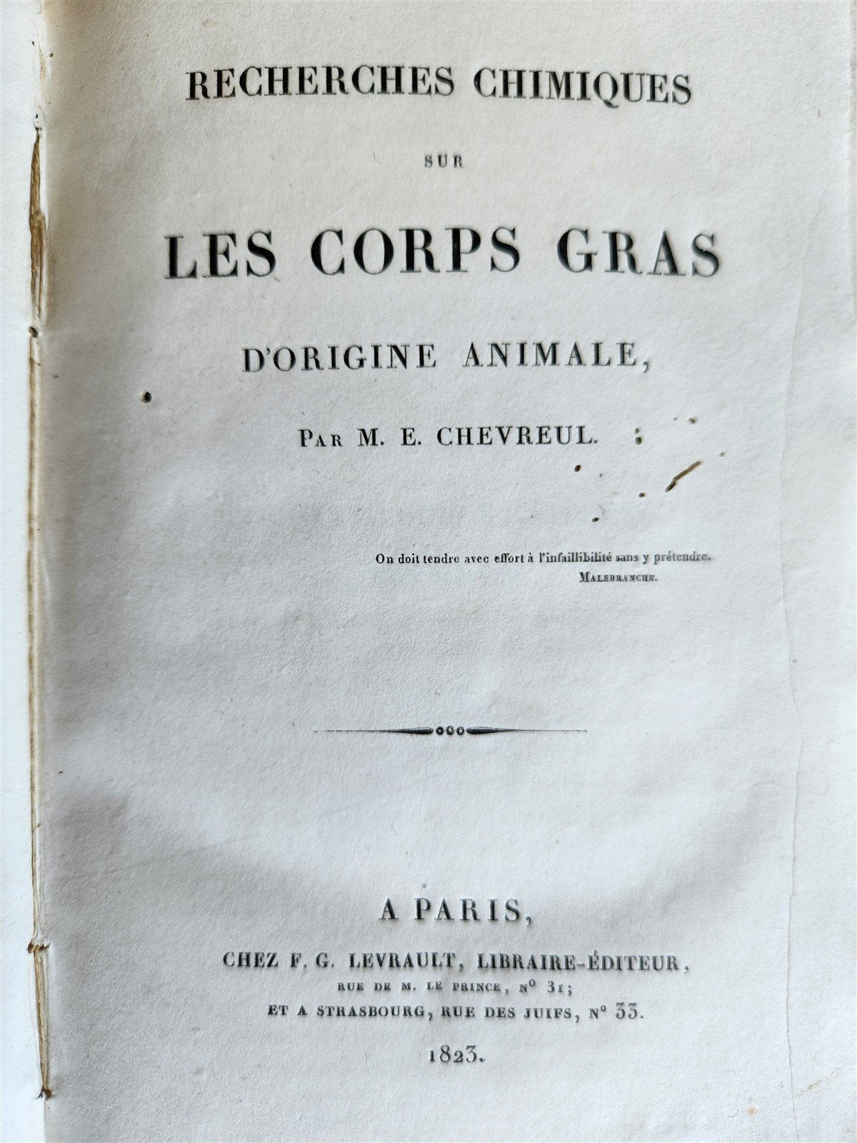 1823 CHEMISTRY Recherches chimiques sur les corps gras d'origine animale SIGNED!