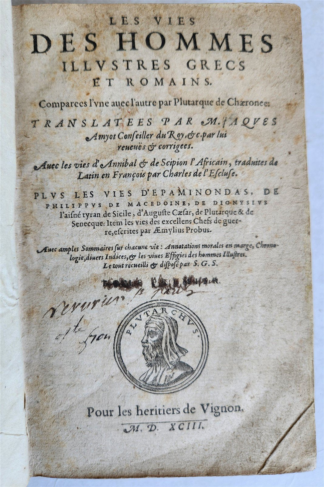 1593 PLUTARCH Les vies des hommes illustres grecs et romans ILLUSTRATED antique