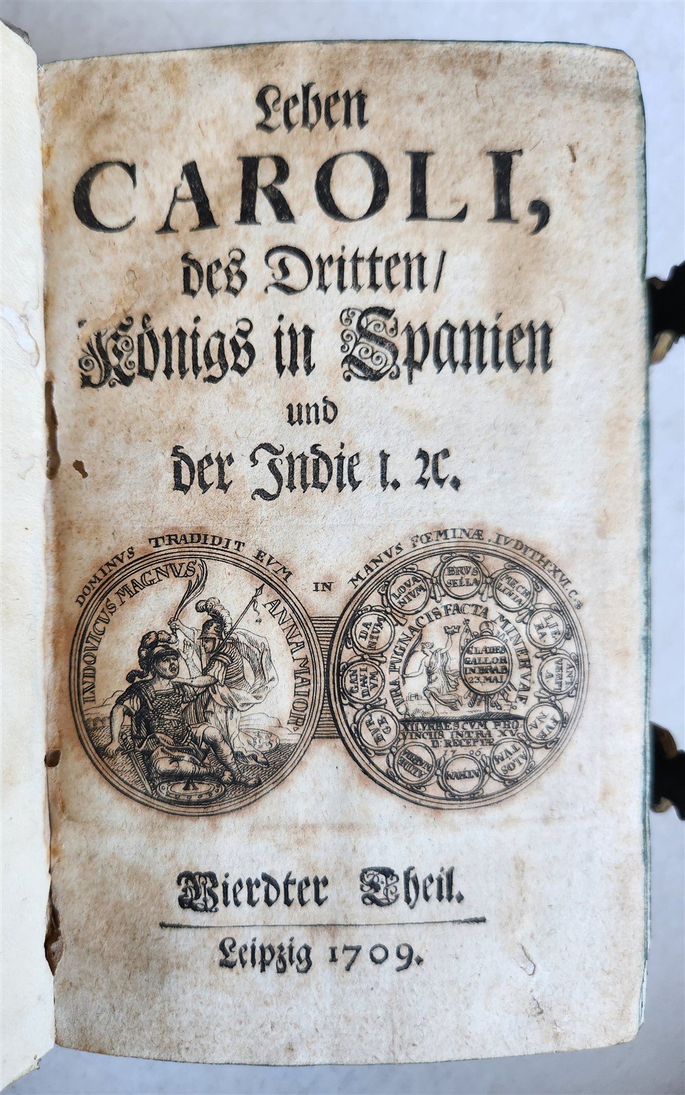 1709 LIFE of CAROLI KING of SPAIN & INDIES antique PIGSKIN BOUND ILLUSTRATED v.4