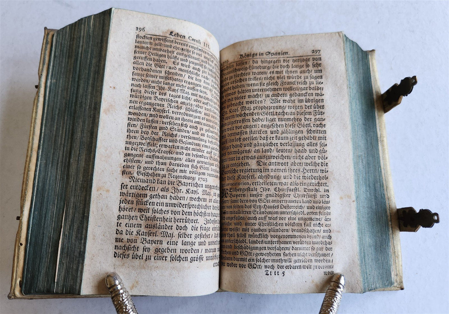 1708 LIFE of CAROLI KING of SPAIN & INDIES antique PIGSKIN BOUND ILLUSTRATED v.2