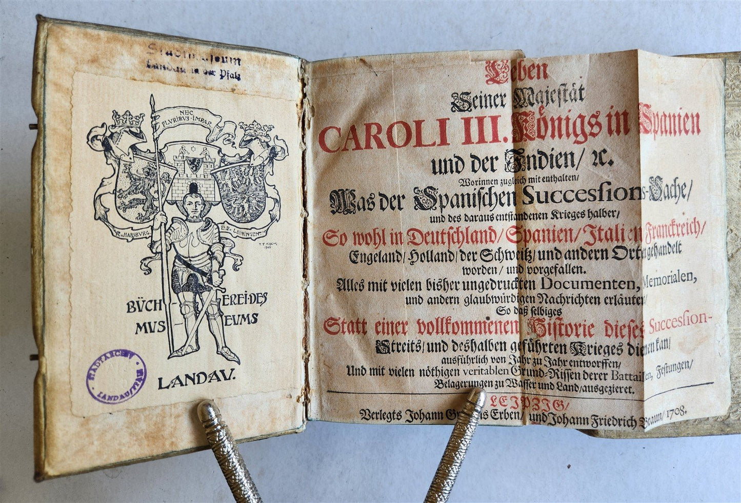 1708 LIFE of CAROLI KING of SPAIN & INDIES antique PIGSKIN BOUND ILLUSTRATED v.1