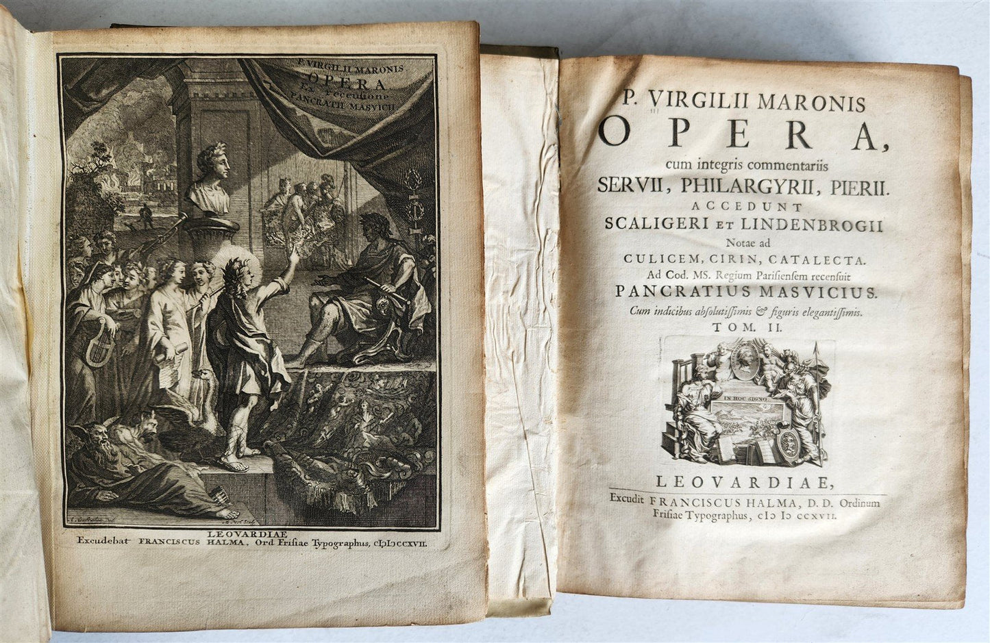 1717 VIRGIL OPERA 2 VOLUMES antique BLIND-STAMPED VELLUM BINDING illustrated