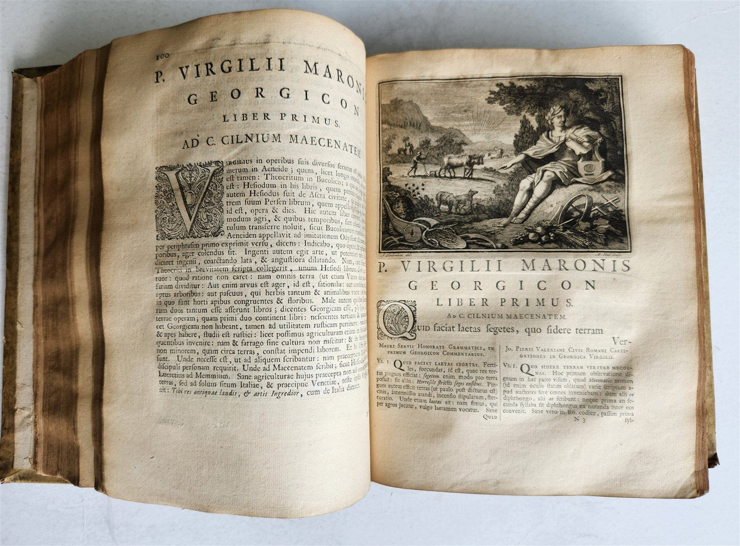 1717 VIRGIL OPERA 2 VOLUMES antique BLIND-STAMPED VELLUM BINDING illustrated