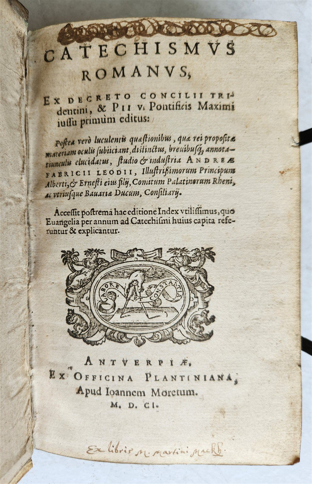 1601 CATECHISMUS by PLANTIN PRESS antique PIGSKIN over WOOD BINDING w/ CLASPS