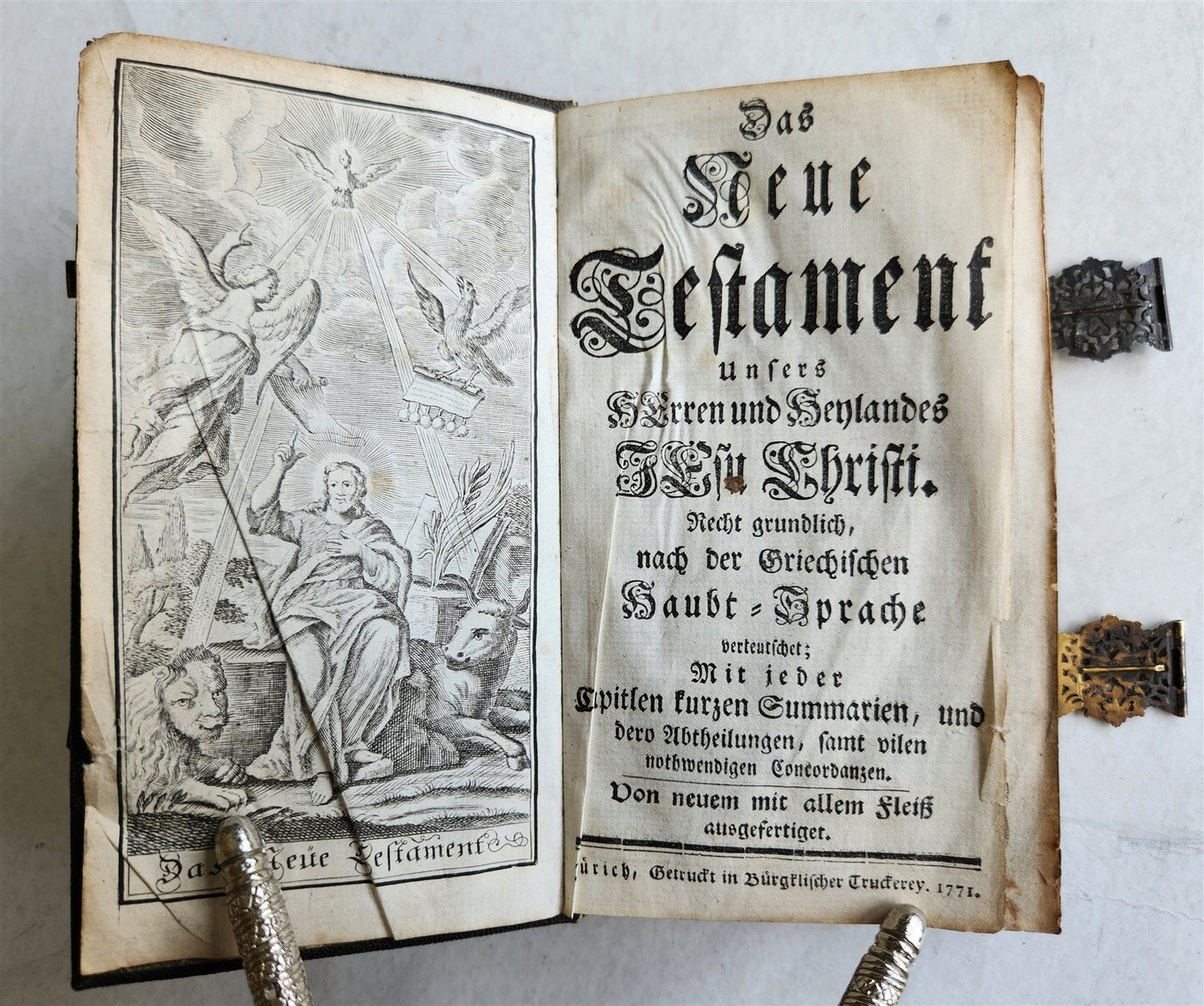 1771 BIBLE in GERMAN STINGRAY BINDING w/SILVER CLASPS antique ILLUSTRATED ZURICH